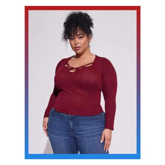 NWT Torrid 5X Red Brushed Rib Scoop Neck Cut Out Long Sleeve Crop Tee Shirt - Picture 1 of 9